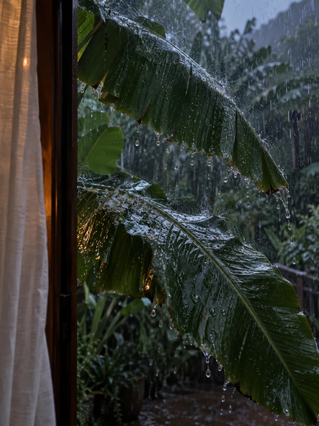 Le bruit de la pluie sur les feuilles du bananier