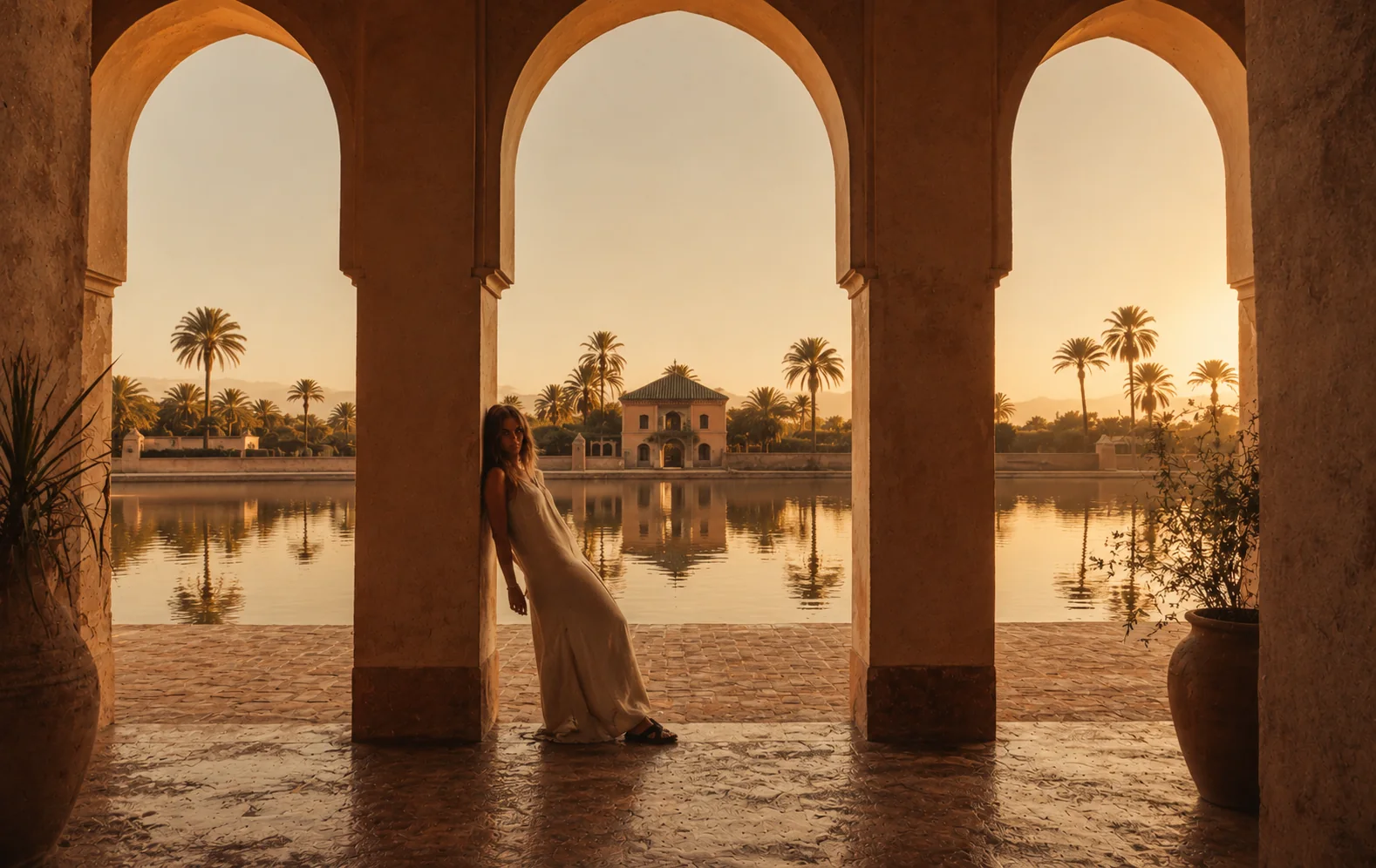 Des arcades marocaines ouvertes sur un jardin au coucher du soleil