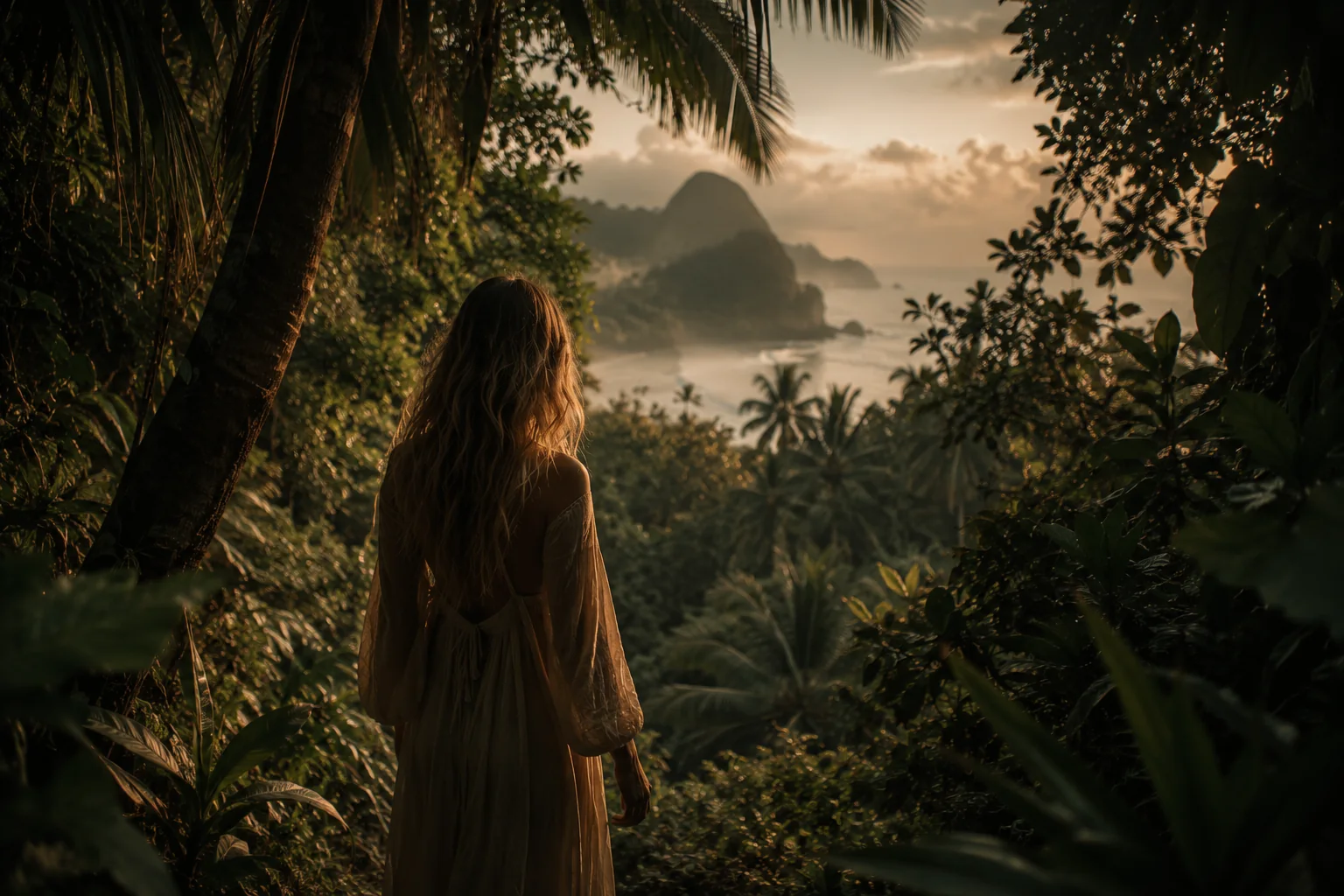 Une femme face aux montagnes et à l'océan, dans le jardin tropical