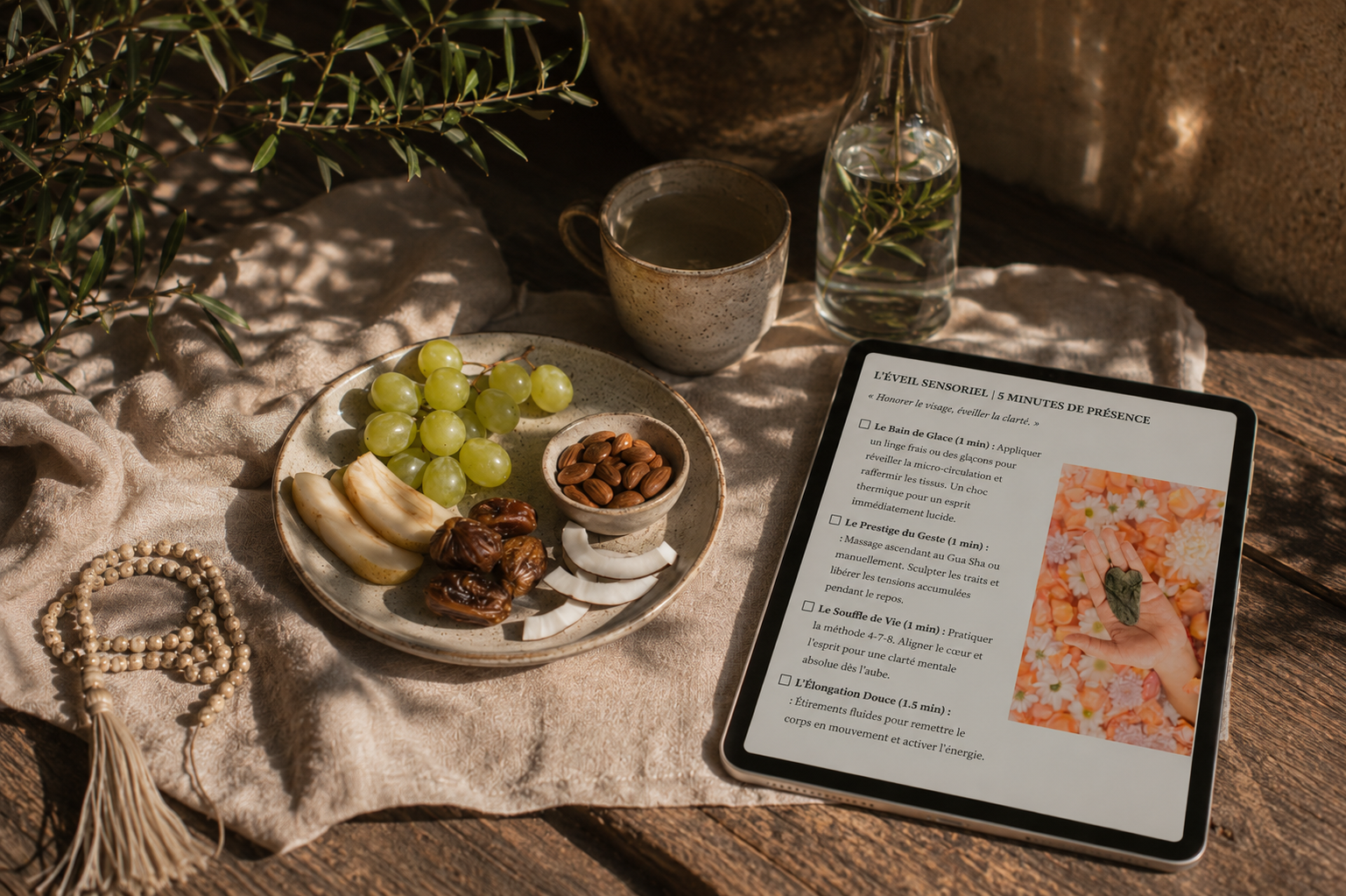 Un rituel du matin ouvert sur la tablette, entre fruits et tisane
