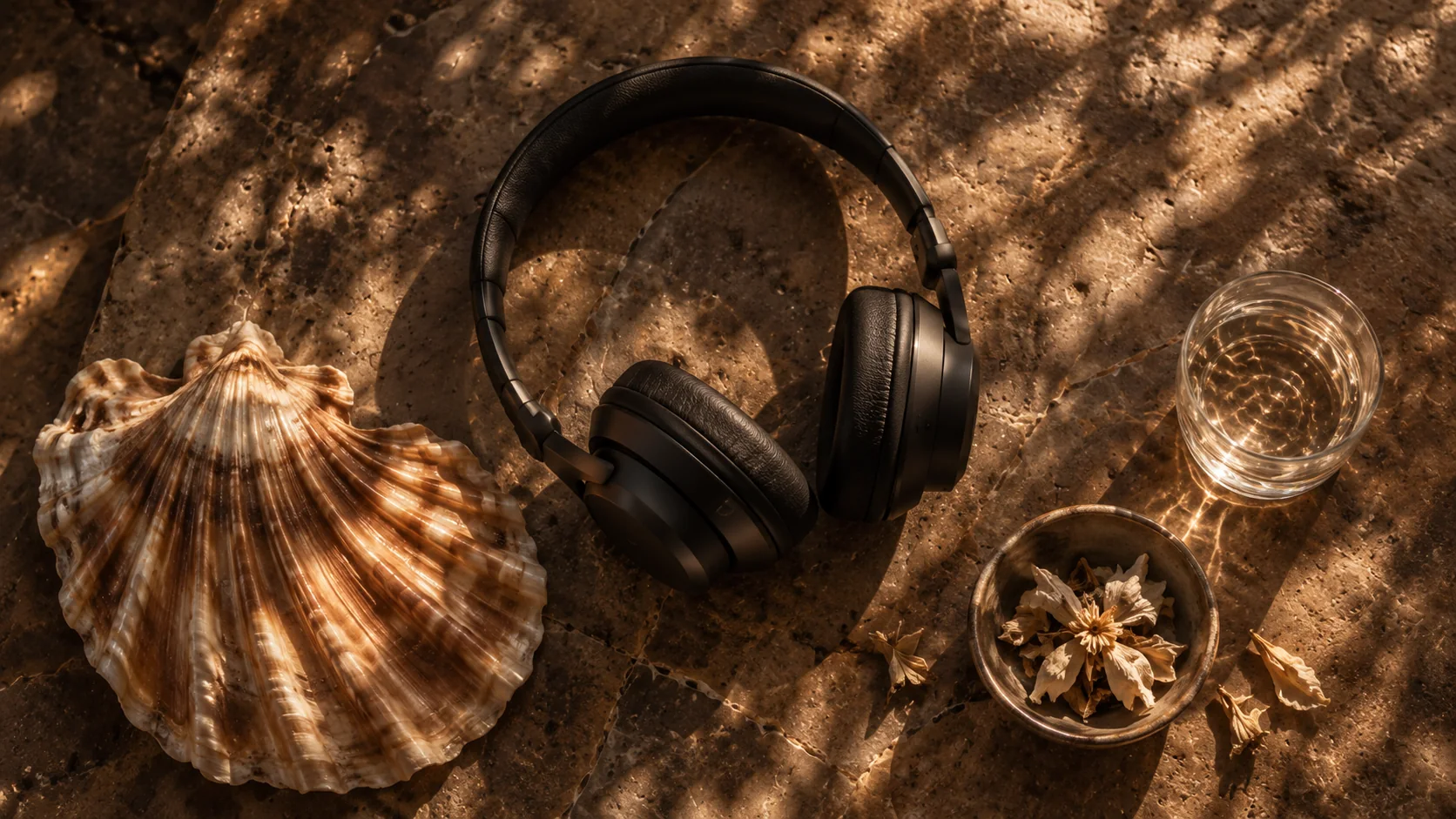 Un casque audio, un coquillage et une tasse dans une lumière dorée