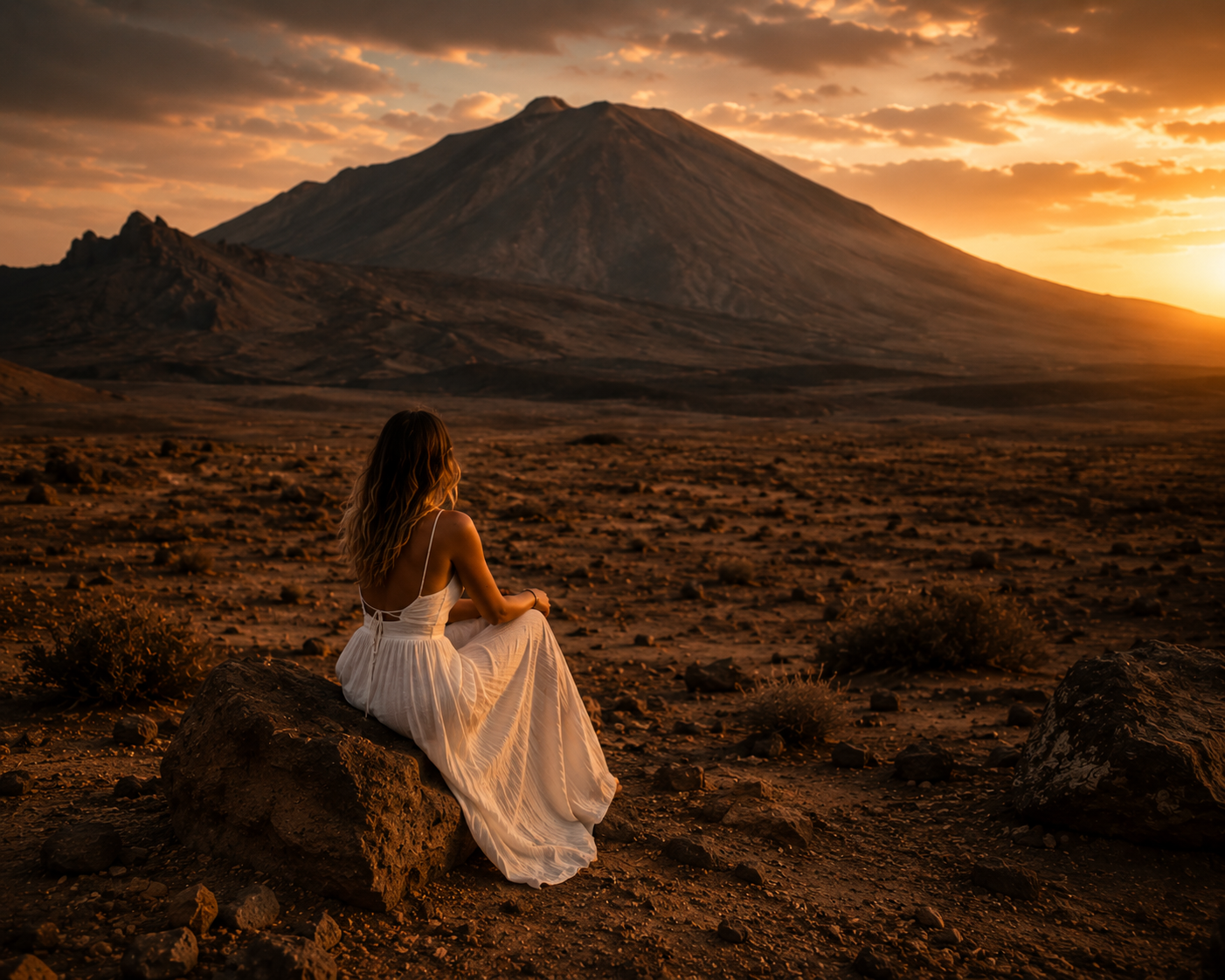 Robe blanche face au Teide au couchant