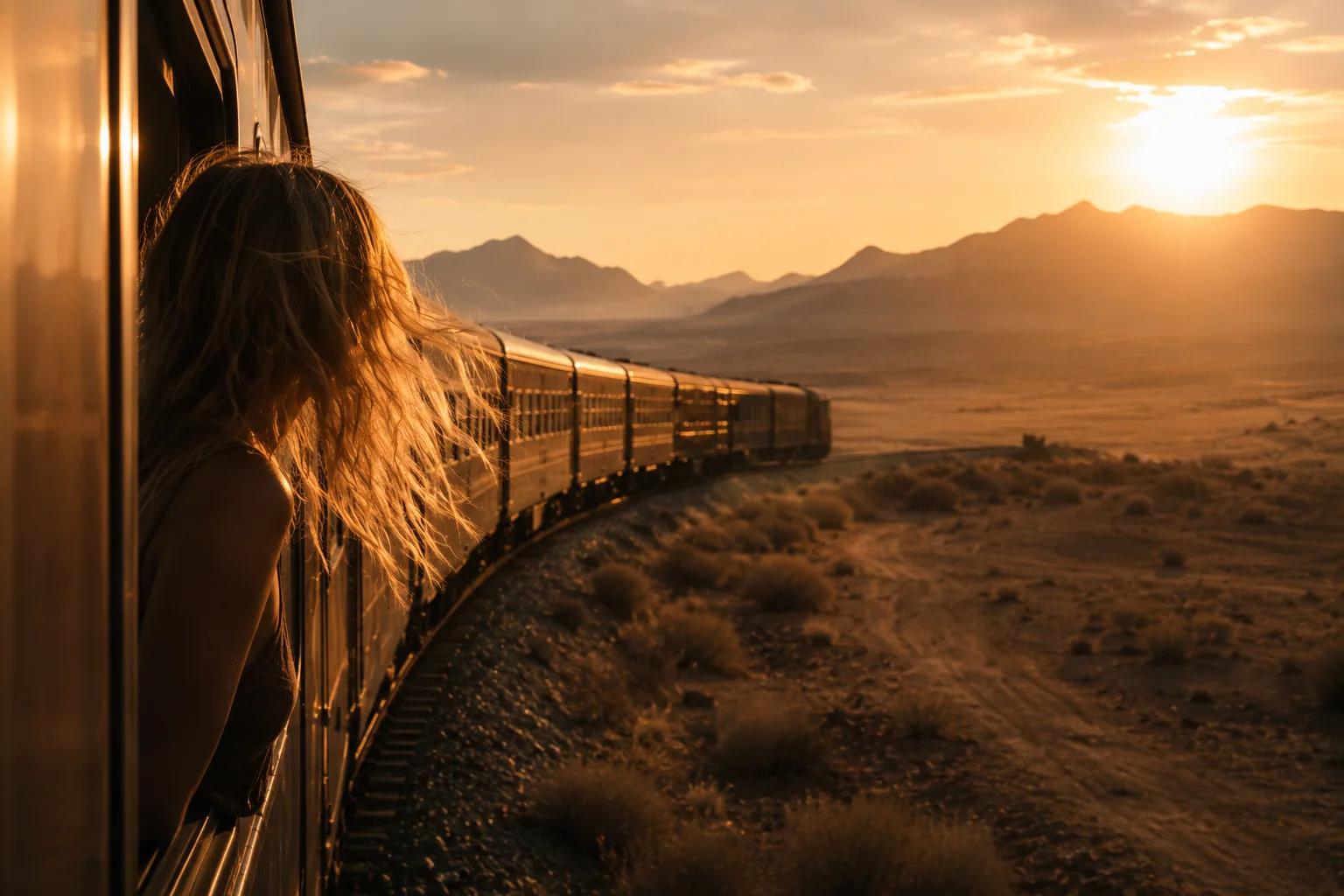 Un train traversant le désert au coucher du soleil