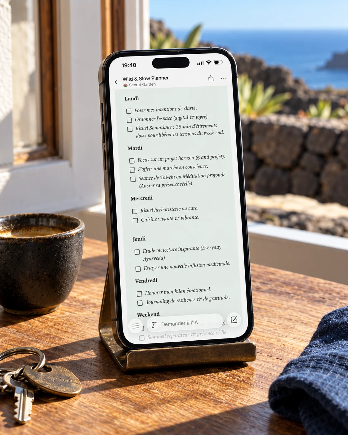 Le semainier Wild & Slow Planner ouvert sur un téléphone